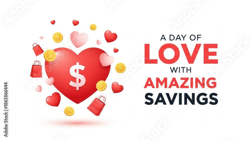 A vibrant illustration showcasing a red heart surrounded by savings and love symbols on a white background from a straightforward viewpoint