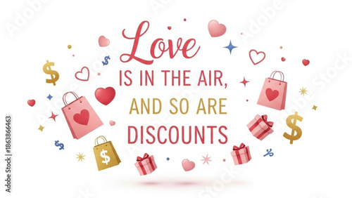 A vibrant promotional graphic celebrating love with discounts surrounded by shopping bags and hearts