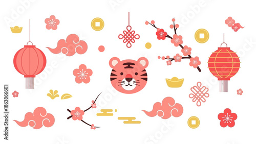 Flat lay of various Chinese New Year and Lunar New Year decorations including a tiger head, lanterns, and cherry blossoms in shades of red and gold on a white background.