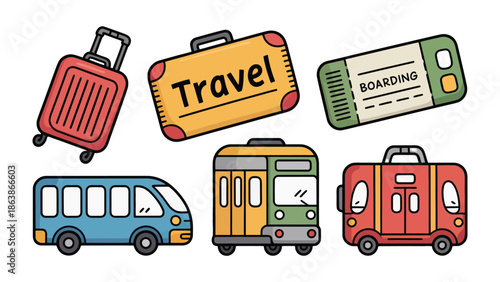 Journey Essentials: A vibrant collection of travel icons, featuring a suitcase, boarding pass, and various modes of transport, ready to whisk you away on an unforgettable journey. 