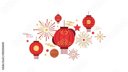 A vibrant flat lay of red lanterns, fireworks, and festive decorations celebrating Chinese New Year and Lunar New Year on a clean white background with bright, celebratory colors.