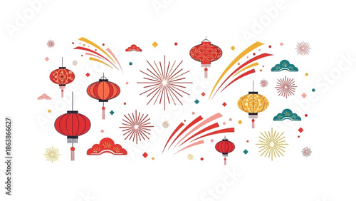 Colorful illustration of Chinese New Year and Lunar New Year decorations with fireworks and lanterns on a white background with a joyful mood.