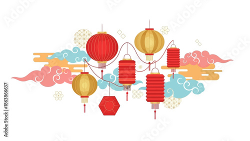 Colorful illustration of red and gold lanterns with abstract clouds and flowers celebrating Chinese New Year or Lunar New Year on a white background with vibrant designs.
