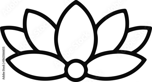 Lotus Flower Icon Outline Illustration, Minimal black outline icon of a lotus flower, symbolizing meditation, spirituality, balance, purity, and wellness concepts.

