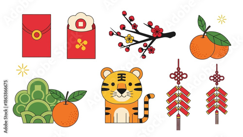 Flat lay illustration of Chinese New Year and Lunar New Year themed icons including red envelopes, oranges, and a tiger on a white background with a festive mood.