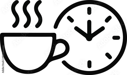 Coffee Break Time Icon Illustration, Minimal black outline icon showing a hot coffee cup and clock, symbolizing coffee break, waiting time, morning routine, or work pause.

