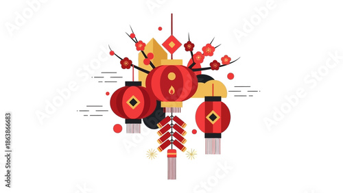 Flat lay illustration of colorful Chinese New Year and Lunar New Year decorations, including red lanterns and golden accents, against a clean white background with a festive mood.