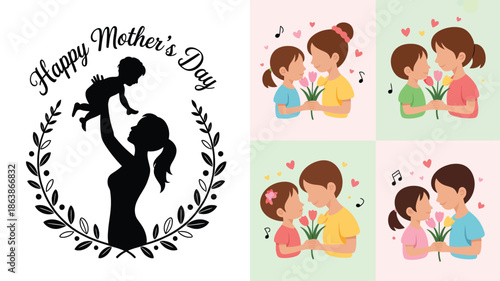 Sweet parents embracing children with flowers and an uplifting Mothers Day silhouette in a laurel wreath