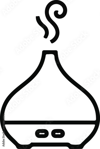 Essential oil diffuser line icon illustration, Minimal black outline icon of an essential oil diffuser releasing steam, symbolizing aromatherapy, relaxation, wellness, and home air humidification.

