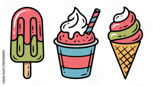 Cool Treats Trio: A tempting trio of refreshing frozen desserts promises a sweet escape from the heat, with a popsicle, a creamy soft serve.