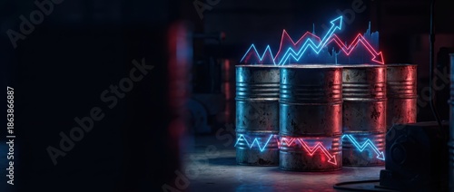 Oil Barrel with Neon Price Fluctuations Oil price surge , Oil price crisis concept