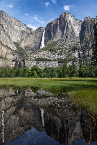 Reflection of Yosemite Falls in a lake
