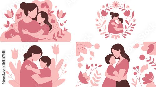 Tender illustrations of mothers embracing their children surrounded by stylized floral elements