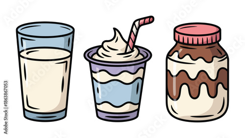 Refreshing Milk Variety: A trio of dairy delights, with a tall glass of milk, a creamy milkshake in a takeaway cup, and a jar of sweet, layered treat, each embodying refreshment and indulgence.