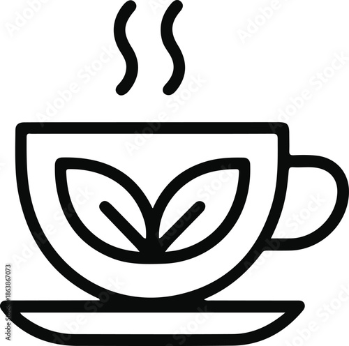 Hot tea cup leaf icon, Clean line icon of a hot tea cup with leaf symbol and steam, representing herbal tea, coffee, warm drinks, and natural beverage concepts.

