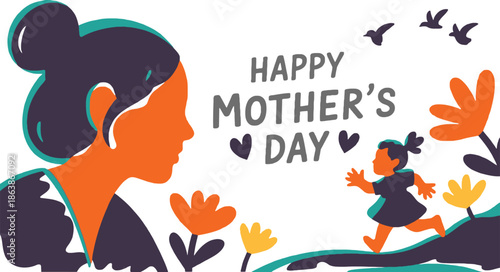 This charming illustration depicts a Happy Mothers Day scene with a running child and mom