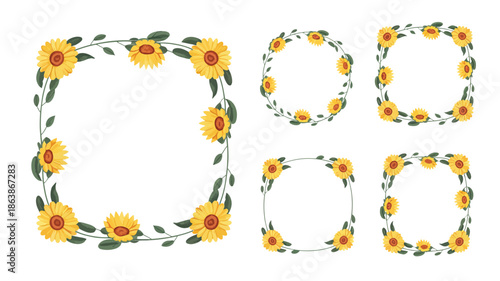 This delightful set features multiple sunflower wreath frames including square, round, and rectangular borders with green leaves