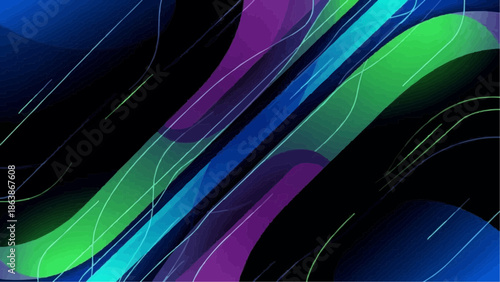 A dark abstract background features overlapping colorful waves and subtle linear patterns in blue, green, and purple.
