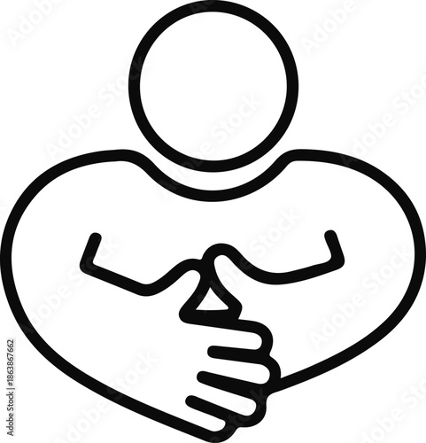 Self Care and Inner Peace Icon, Minimal line icon of a person holding a heart symbol, representing self care, emotional well being, compassion, and mental health awareness.

