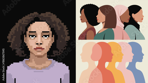 Three compelling illustrations showcasing diverse women, profiles, and a unique pixelated portrait