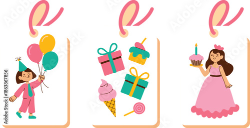 Three colorful birthday celebration tags showing a girl with balloons, party gifts, and a delicious cupcake