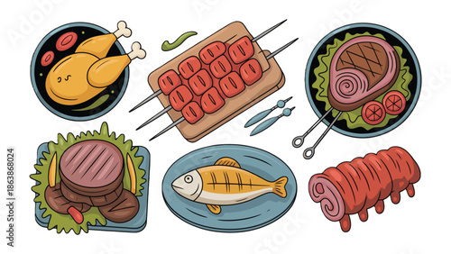Culinary Delights: A vibrant and appetizing illustration showcases a tempting assortment of grilled delicacies, ready to tantalize taste buds and evoke a sense of culinary exploration.