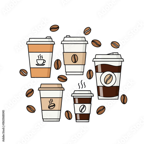 Assorted Coffee Cups and Beans - Takeaway Beverage Collection