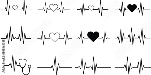 Set of medical heart rate pulse icons with stethoscope and heart shapes on grid background for healthcare cardiology diagnostic monitoring and emergency medicine equipment designs.