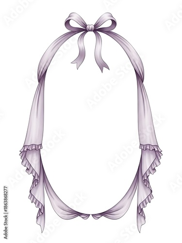 Elegant oval frame with draped lilac ribbon and ruffles, perfect for invitations