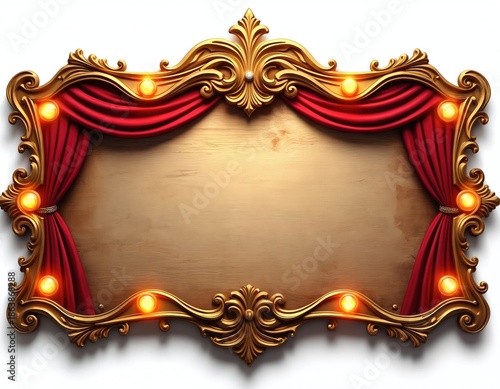 Ornate golden frame with red curtains, glowing bulbs surrounds blank wood sign. Vintage style empty signboard for circus show announcement theater poster. Retro entertainment display, festive event