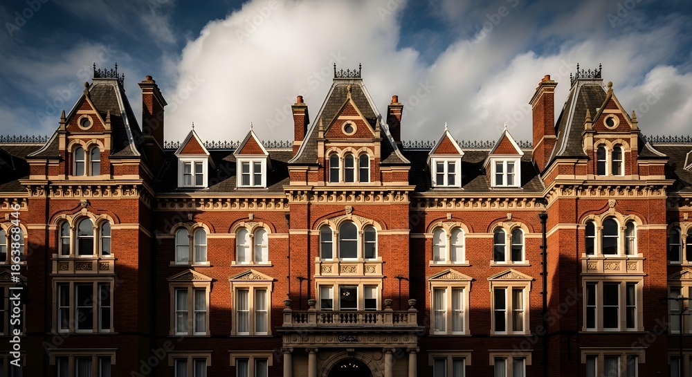 Fototapeta premium Ornate victorian red brick apartment building facade with intricate architectural details and dramatic cloudy sky above