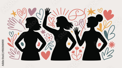 Three female silhouettes standing against a light background with various hand gestures and colorful doodles