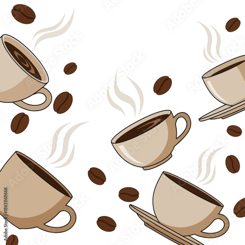 Falling Coffee Cups and Beans Seamless Pattern