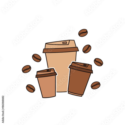 Hand-drawn Coffee Cups and Beans Illustration