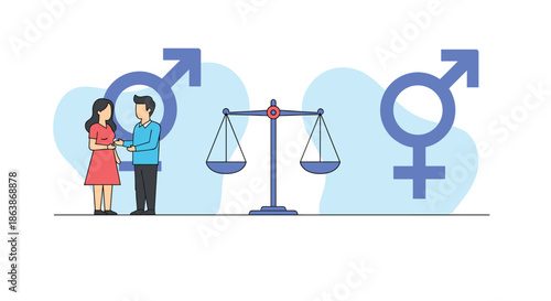 Gender equality concept with a man and woman standing by a balance scale and large gender symbols representing social equity.