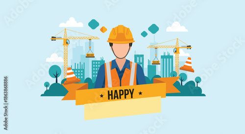 Construction worker in safety gear standing at a building site with cranes and city skyline for a happy celebration banner.
