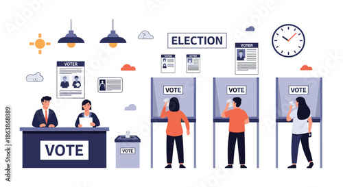People participate in democratic election process by casting their votes at polling station with booths and officials.