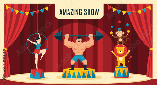 Amazing circus show on a red curtain stage featuring a weightlifter, acrobat, juggling monkey, and balancing lion.