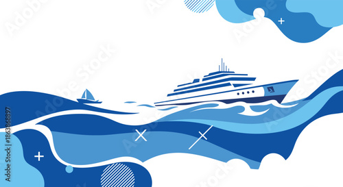 Luxury cruise ship navigates through deep blue ocean waves under clear sky during summer vacation travel and sea exploration.