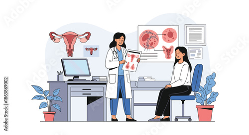 Female gynecologist uses diagram to explain reproductive health and fertility to attentive patient in modern medical office.