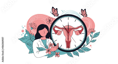 Healthcare professional discusses female reproductive health and biological clock with patients using symbolic clock diagram.