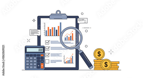 Detailed financial audit includes clipboard with graphs, magnifying glass, calculator, and stacks of gold dollar coins.