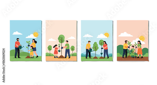 Family members of different ages work together to plant and water young trees in park to promote environment conservation.