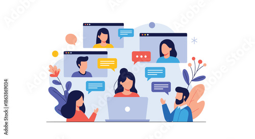 Diverse team conducts productive remote meeting through group video call on laptop with multiple participants on screen.