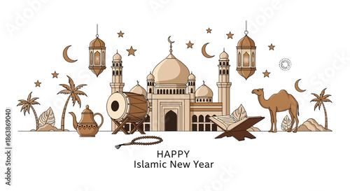 Traditional mosque, camel, and holy symbols are arranged in beautiful composition for Happy Islamic New Year celebration.