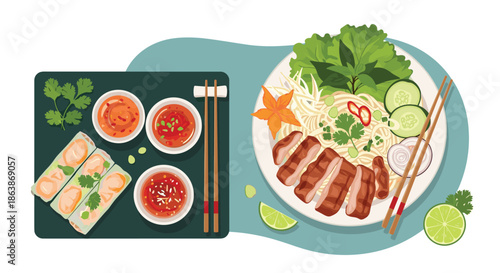 Traditional Vietnamese cuisine display features delicious grilled pork noodles and fresh spring rolls served with spicy dipping sauces.