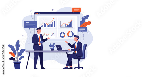 Professional business analysts discuss performance metrics and financial growth strategies in front of a digital dashboard screen.