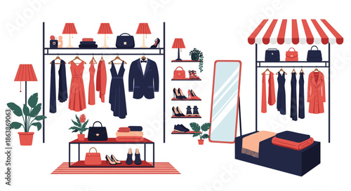 Modern fashion boutique interior showcases a variety of elegant dresses, a formal suit, stylish shoes, and luxury accessories.