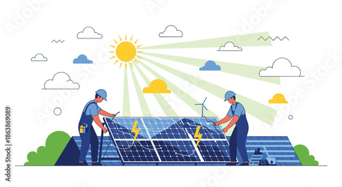 Two technicians install photovoltaic solar panels on a roof during a sunny day to promote sustainable and clean energy solutions.