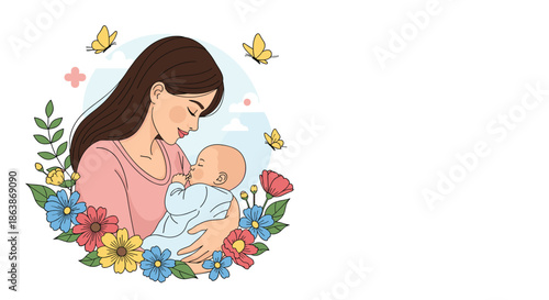 Loving mother tenderly holds her sleeping baby in her arms surrounded by a beautiful wreath of colorful spring flowers and butterflies.